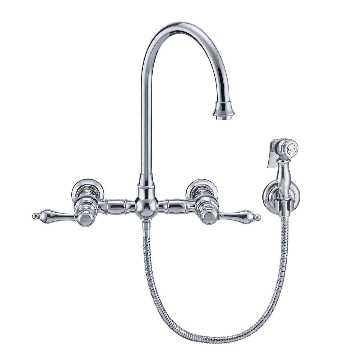 Vintage III Plus Wall Mount Faucet with a Long Gooseneck Swivel Spout, Lever Handles and Solid Brass Side Spray