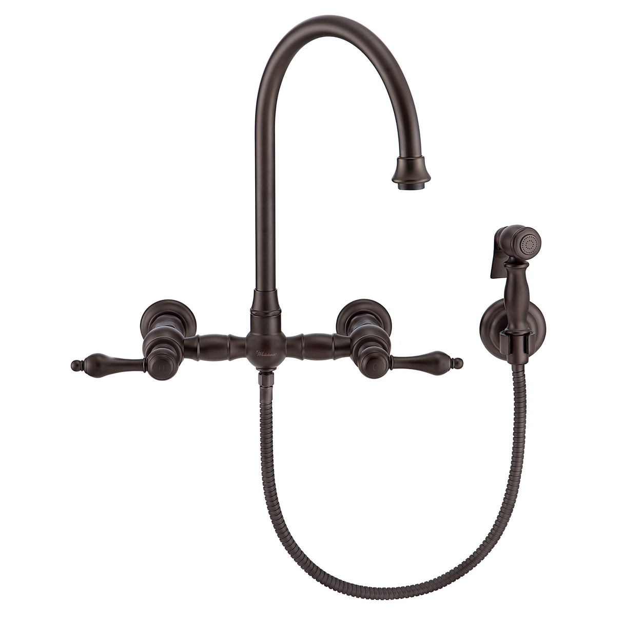 Vintage III Plus Wall Mount Faucet with a Long Gooseneck Swivel Spout, Lever Handles and Solid Brass Side Spray