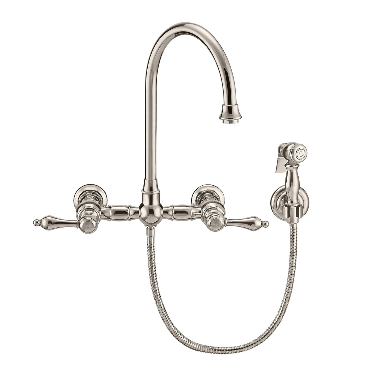 Vintage III Plus Wall Mount Faucet with a Long Gooseneck Swivel Spout, Lever Handles and Solid Brass Side Spray