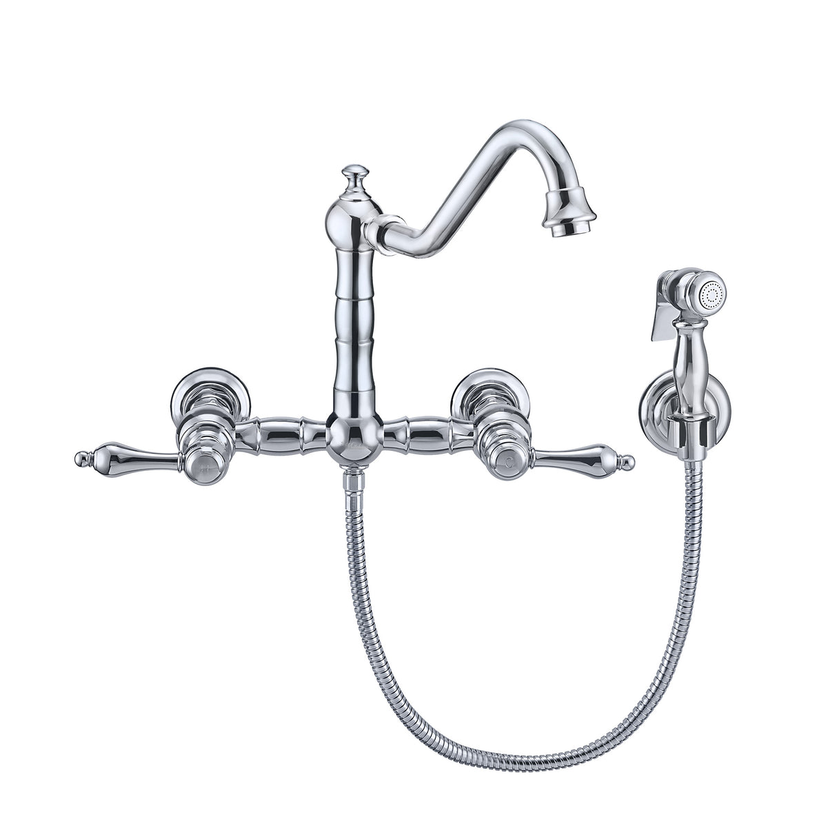 Vintage III Plus Wall Mount Faucet with a Long Traditional Swivel Spout, Lever Handles and Solid Brass Side Spray