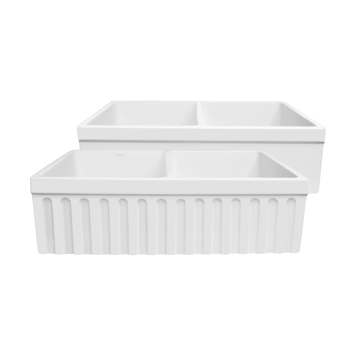 Farmhaus Quatro Alcove Reversible Matte Double Bowl Fireclay Kitchen Sink with Fluted 2" Lip Front Apron on one Side and a 2 ½" Lip Plain on the Opposite Side