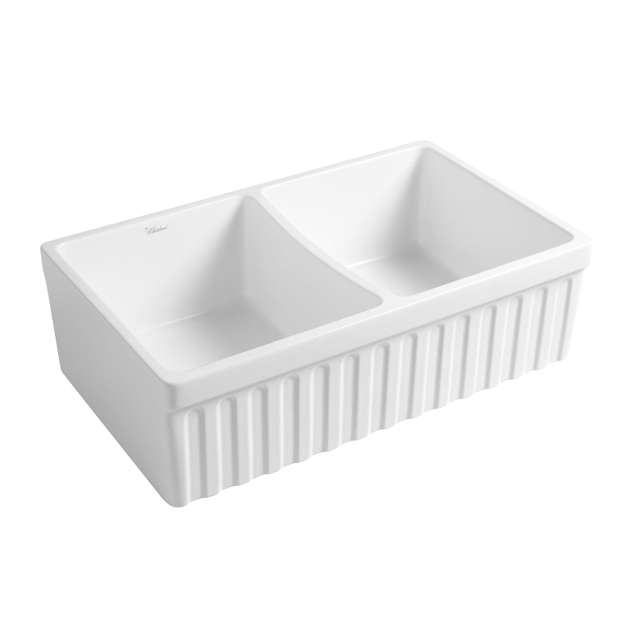 Farmhaus Quatro Alcove Reversible Matte Double Bowl Fireclay Kitchen Sink with Fluted 2" Lip Front Apron on one Side and a 2 ½" Lip Plain on the Opposite Side