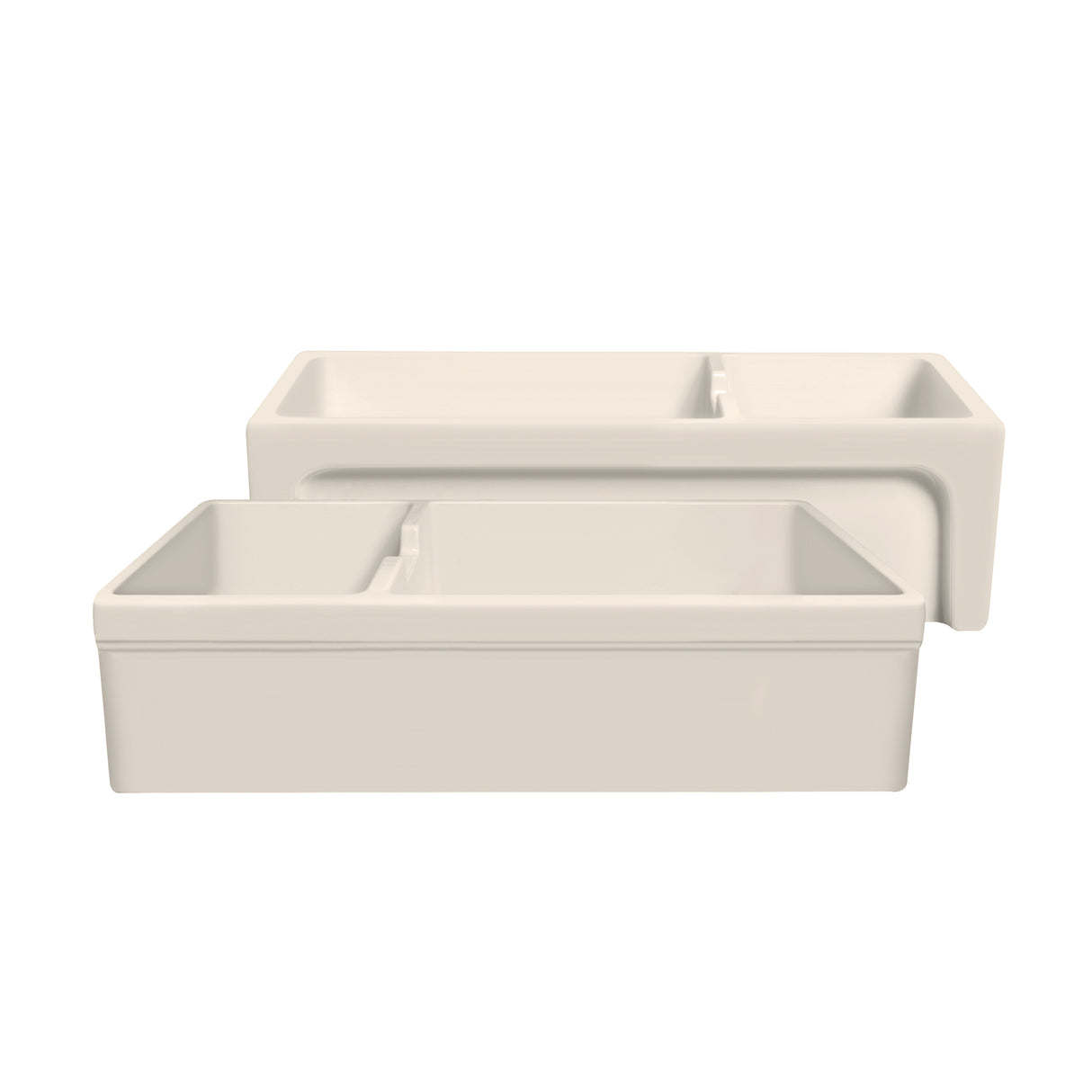 Glencove Fireclay 42" Large Double Bowl Reversible Sink with an Elegant Beveled Front Apron on One Side and a Decorative Lip on the Opposite Side