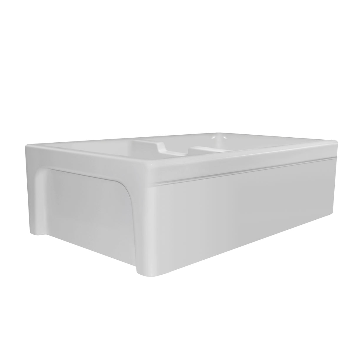 Glencove Fireclay 42" Large Double Bowl Reversible Sink with an Elegant Beveled Front Apron on One Side and a Decorative Lip on the Opposite Side