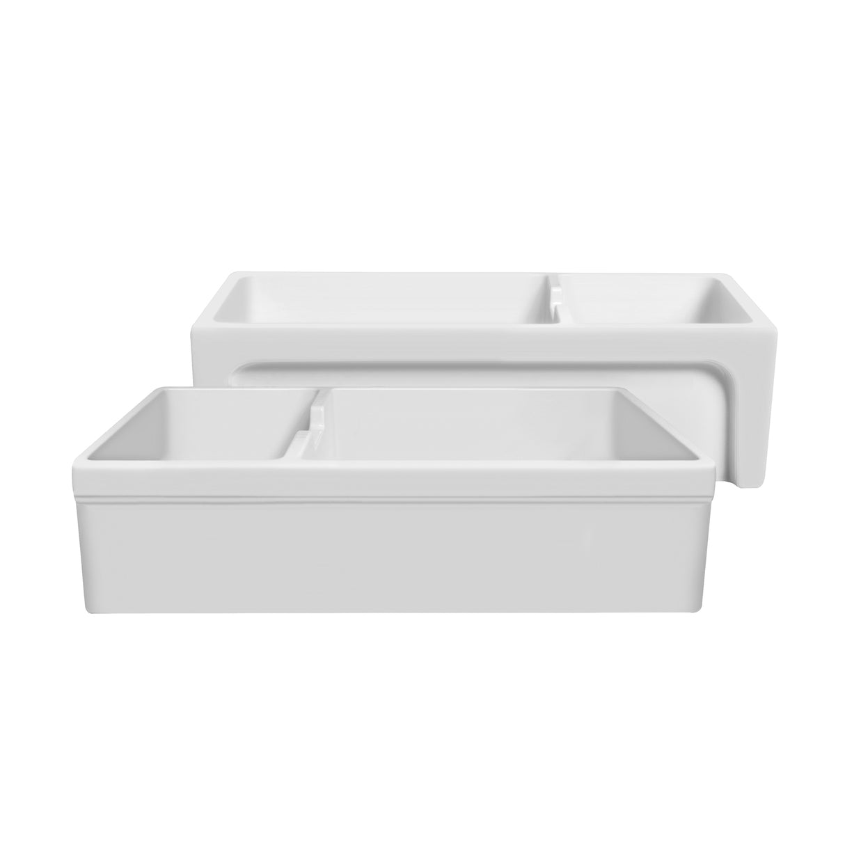 Glencove Fireclay 42" Large Double Bowl Reversible Sink with an Elegant Beveled Front Apron on One Side and a Decorative Lip on the Opposite Side