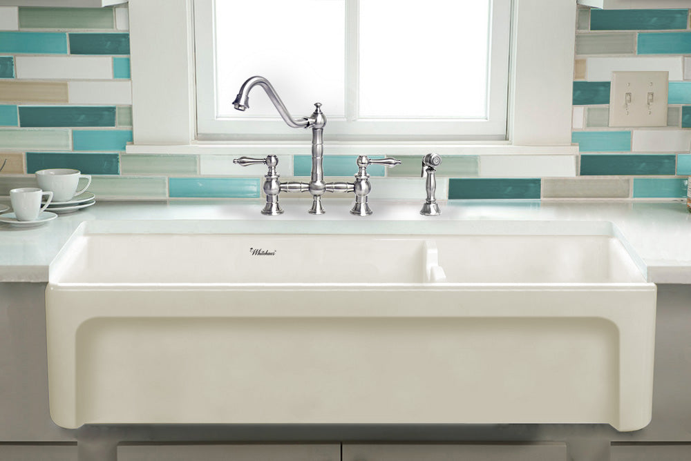 Glencove Fireclay 42" Large Double Bowl Reversible Sink with an Elegant Beveled Front Apron on One Side and a Decorative Lip on the Opposite Side