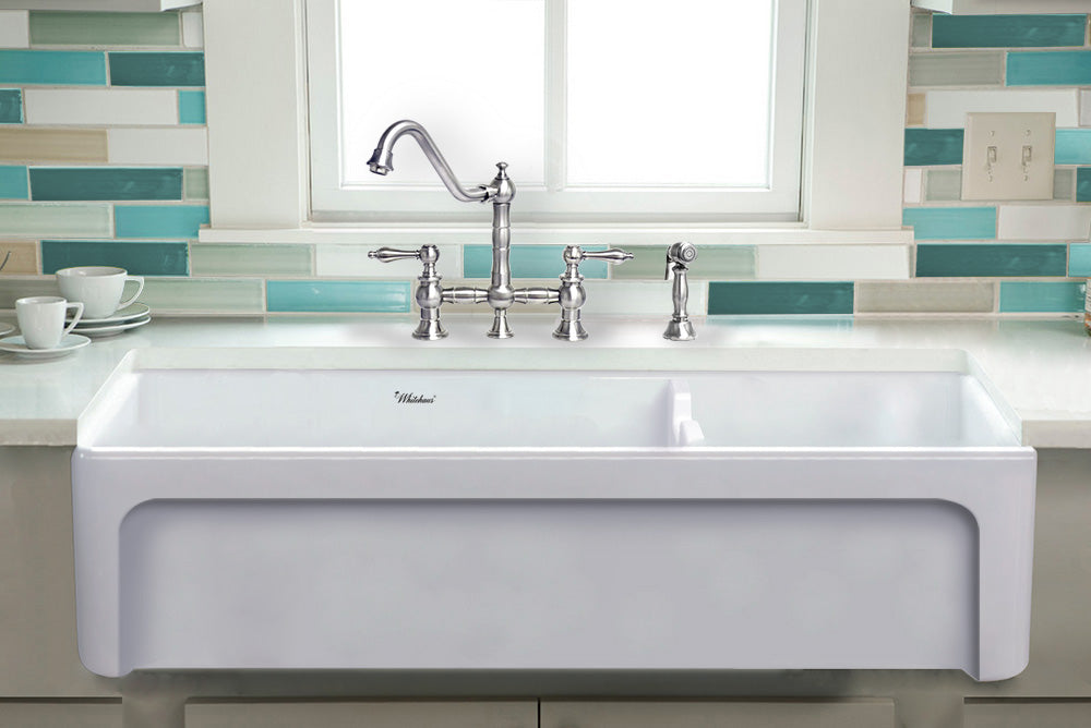 Glencove Fireclay 42" Large Double Bowl Reversible Sink with an Elegant Beveled Front Apron on One Side and a Decorative Lip on the Opposite Side