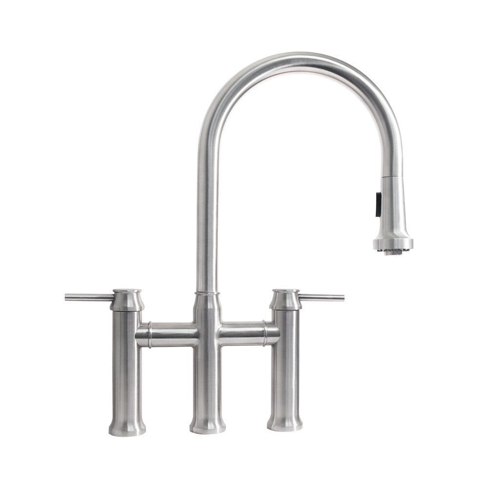 Waterhaus Lead-Free Solid Stainless Steel Bridge Faucet with a Gooseneck Swivel Spout, Pull Down Spray Head and Solid Lever Handles