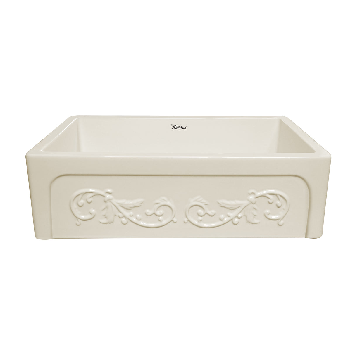 Glencove St. Ives 33" Front Apron Fireclay Sink with an Intricate Vine Design on one side and an Elegant Plain Beveled Front Apron on the Opposite Side
