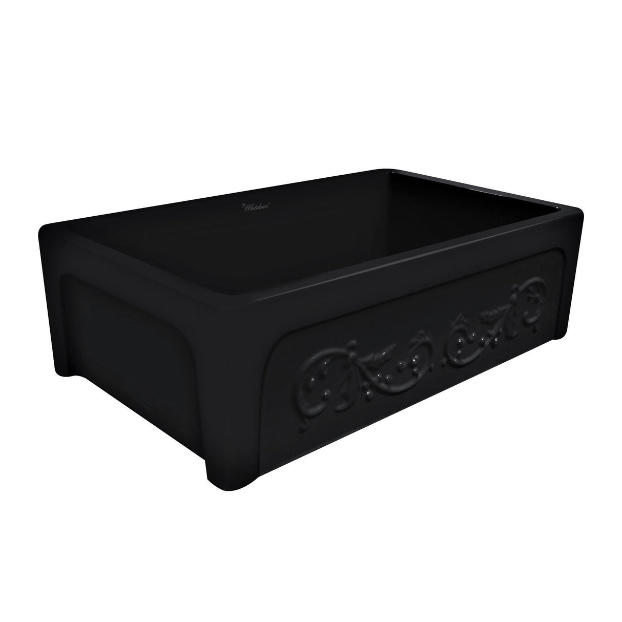 Glencove St. Ives 33" Front Apron Fireclay Sink with an Intricate Vine Design on one side and an Elegant Plain Beveled Front Apron on the Opposite Side