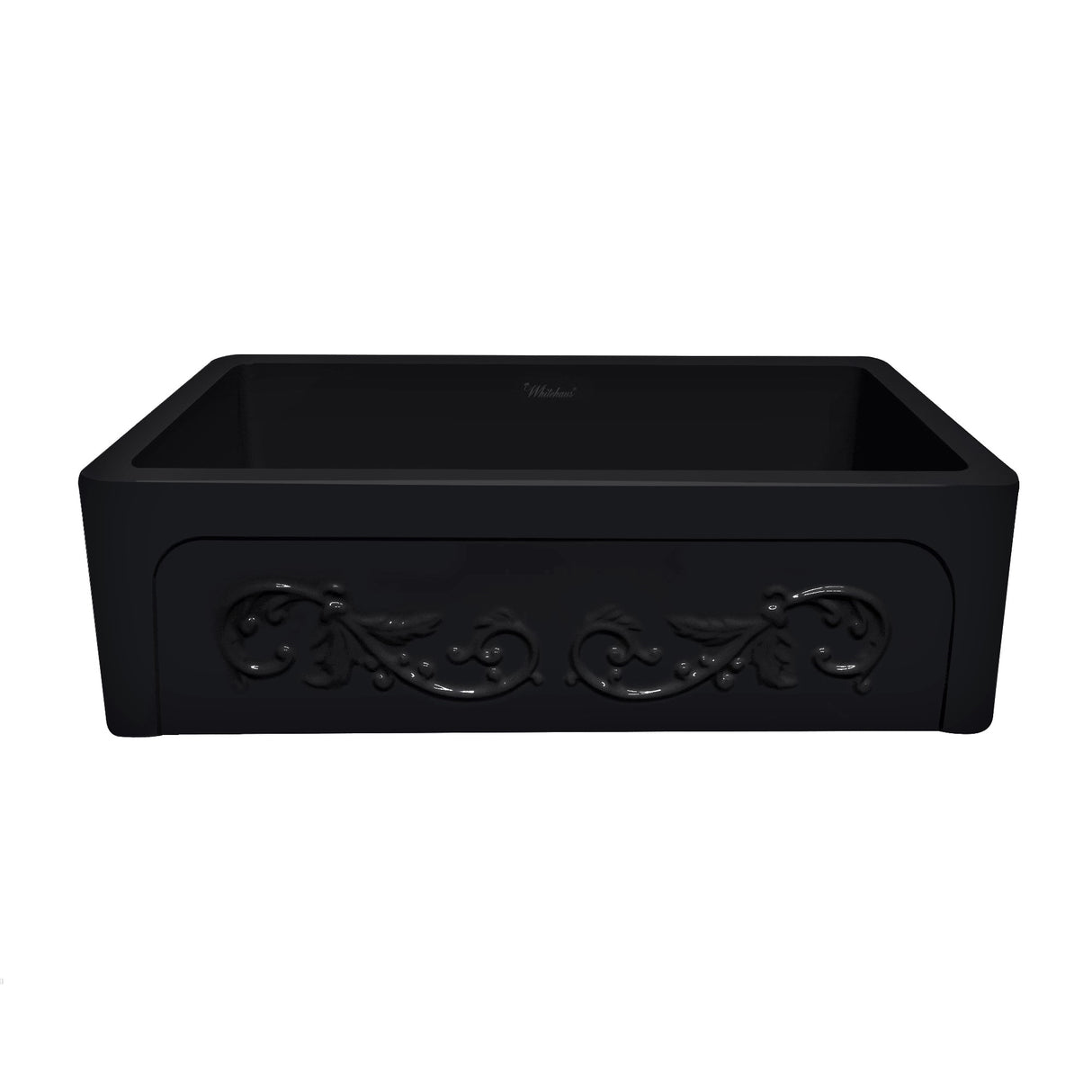 Glencove St. Ives 33" Front Apron Fireclay Sink with an Intricate Vine Design on one side and an Elegant Plain Beveled Front Apron on the Opposite Side