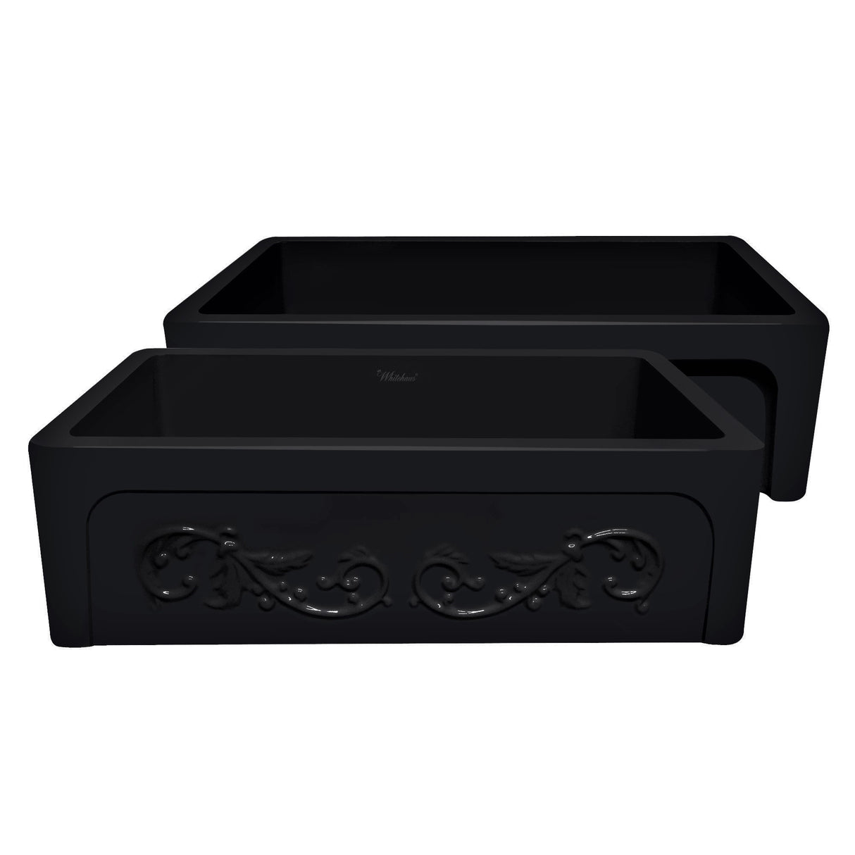 Glencove St. Ives 33" Front Apron Fireclay Sink with an Intricate Vine Design on one side and an Elegant Plain Beveled Front Apron on the Opposite Side