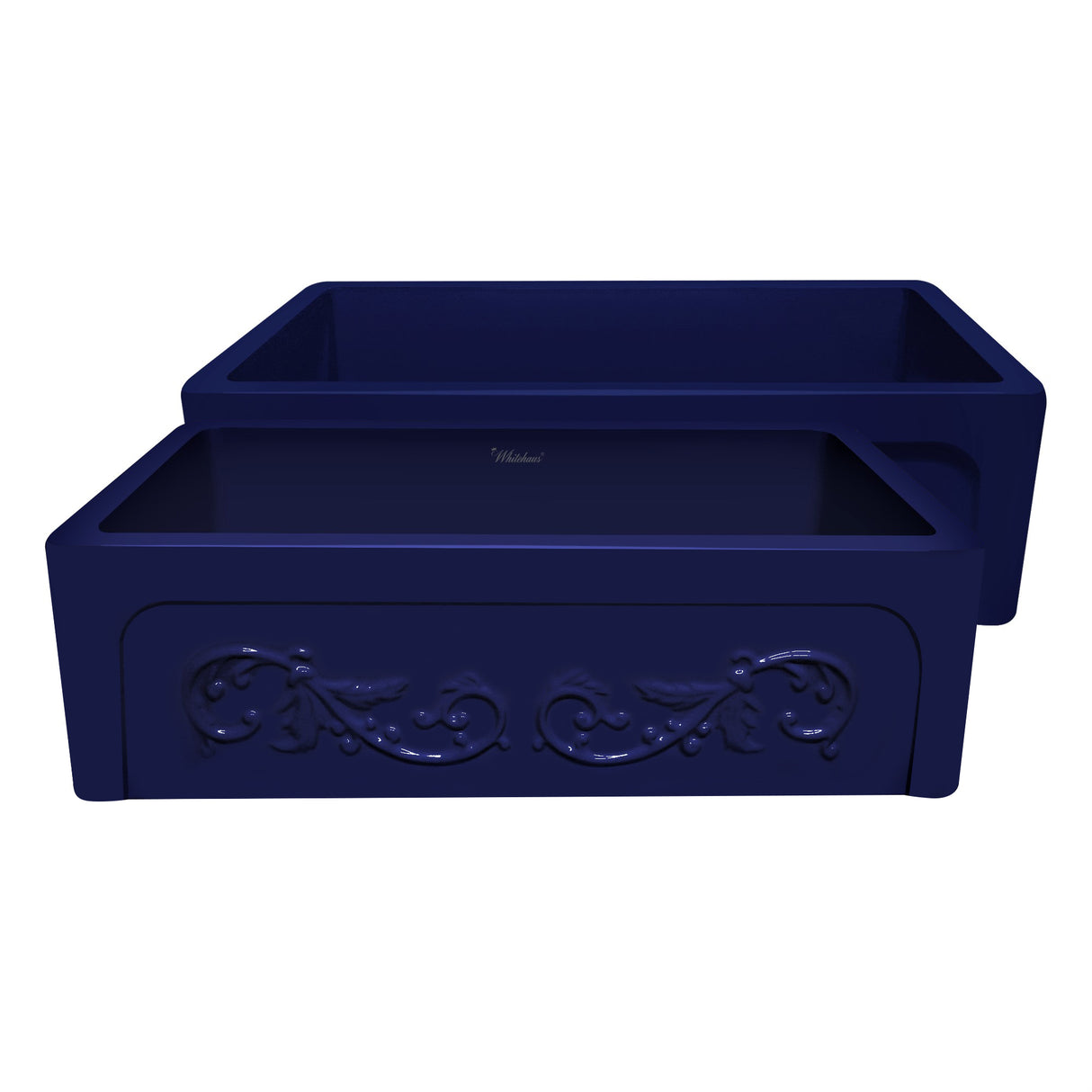 Glencove St. Ives 33" Front Apron Fireclay Sink with an Intricate Vine Design on one side and an Elegant Plain Beveled Front Apron on the Opposite Side
