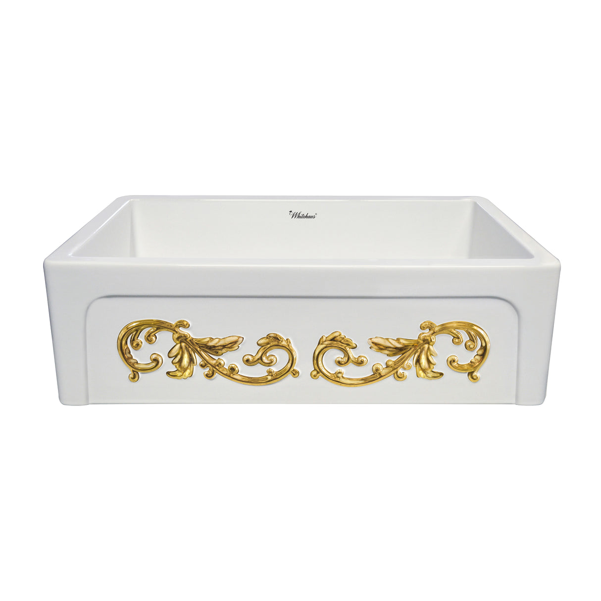 St. Ives Ornamental 33" Reversible Fireclay Kitchen Sink with Intricate Embossed Vine Design Front Apron on one side and an Elegant Beveled Front Apron on the Opposite Side