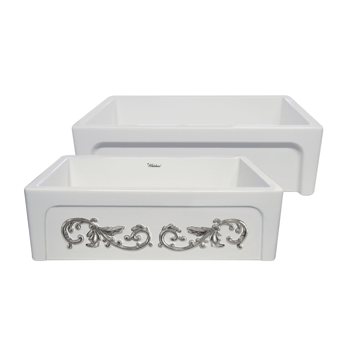 St. Ives Ornamental 33" Reversible Fireclay Kitchen Sink with Intricate Embossed Vine Design Front Apron on one side and an Elegant Beveled Front Apron on the Opposite Side