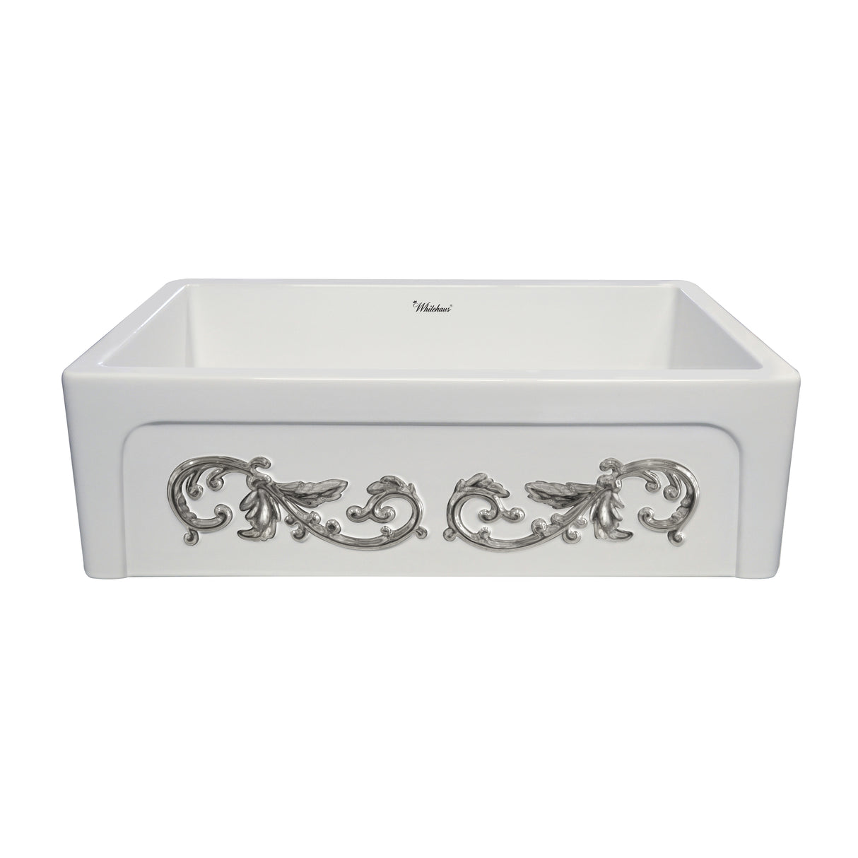 St. Ives Ornamental 33" Reversible Fireclay Kitchen Sink with Intricate Embossed Vine Design Front Apron on one side and an Elegant Beveled Front Apron on the Opposite Side