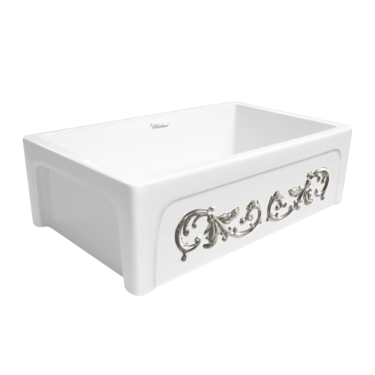 St. Ives Ornamental 33" Reversible Fireclay Kitchen Sink with Intricate Embossed Vine Design Front Apron on one side and an Elegant Beveled Front Apron on the Opposite Side