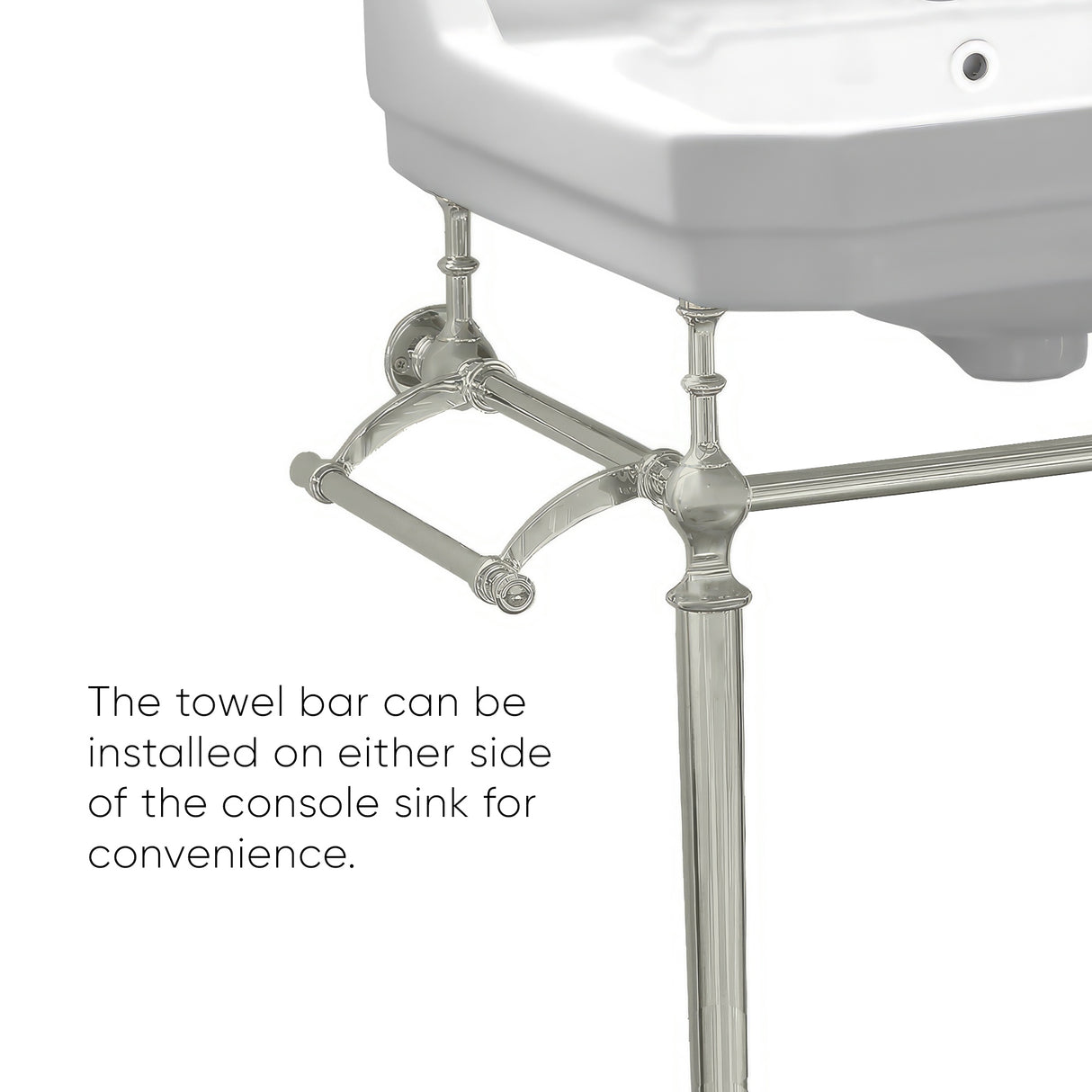 Victoriahaus console with integrated rectangular bowl with single hole drill, Brushed Nickel leg support, interchangable towel bar, backsplash and overflow
