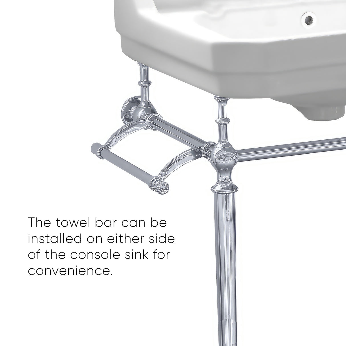 Victoriahaus rectangular basin china console with single hole faucet drill, polished chrome leg supports with towel bar, backsplash, and overflow
