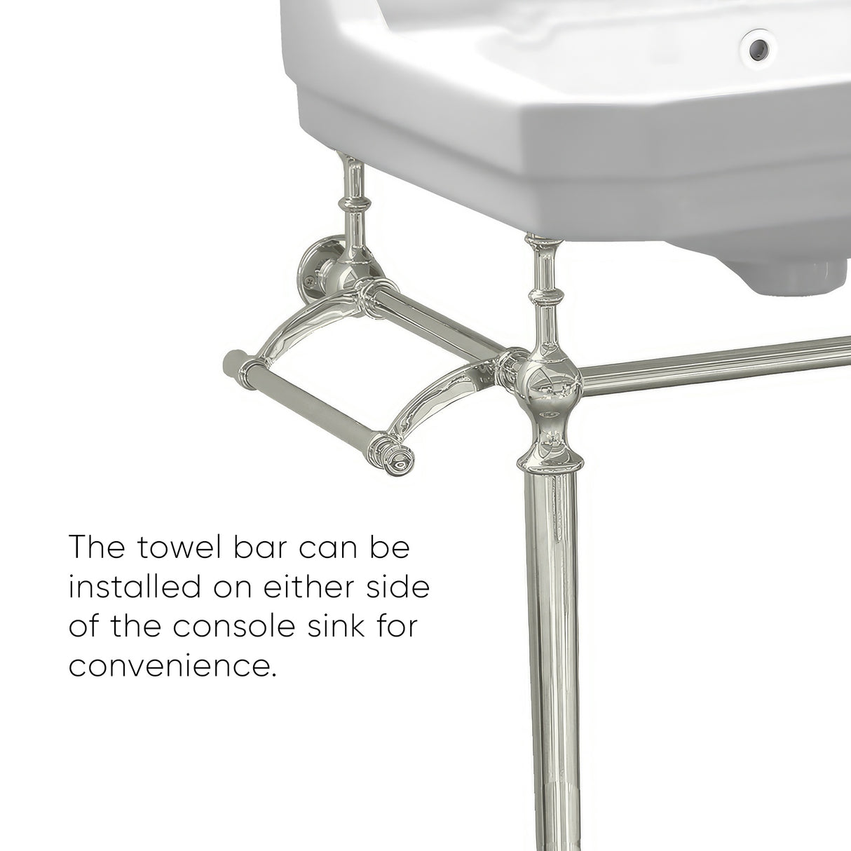 Victoriahaus console with integrated rectangular bowl with widespread hole drill, Polished Nickel leg support, interchangable towel bar, backsplash and overflow