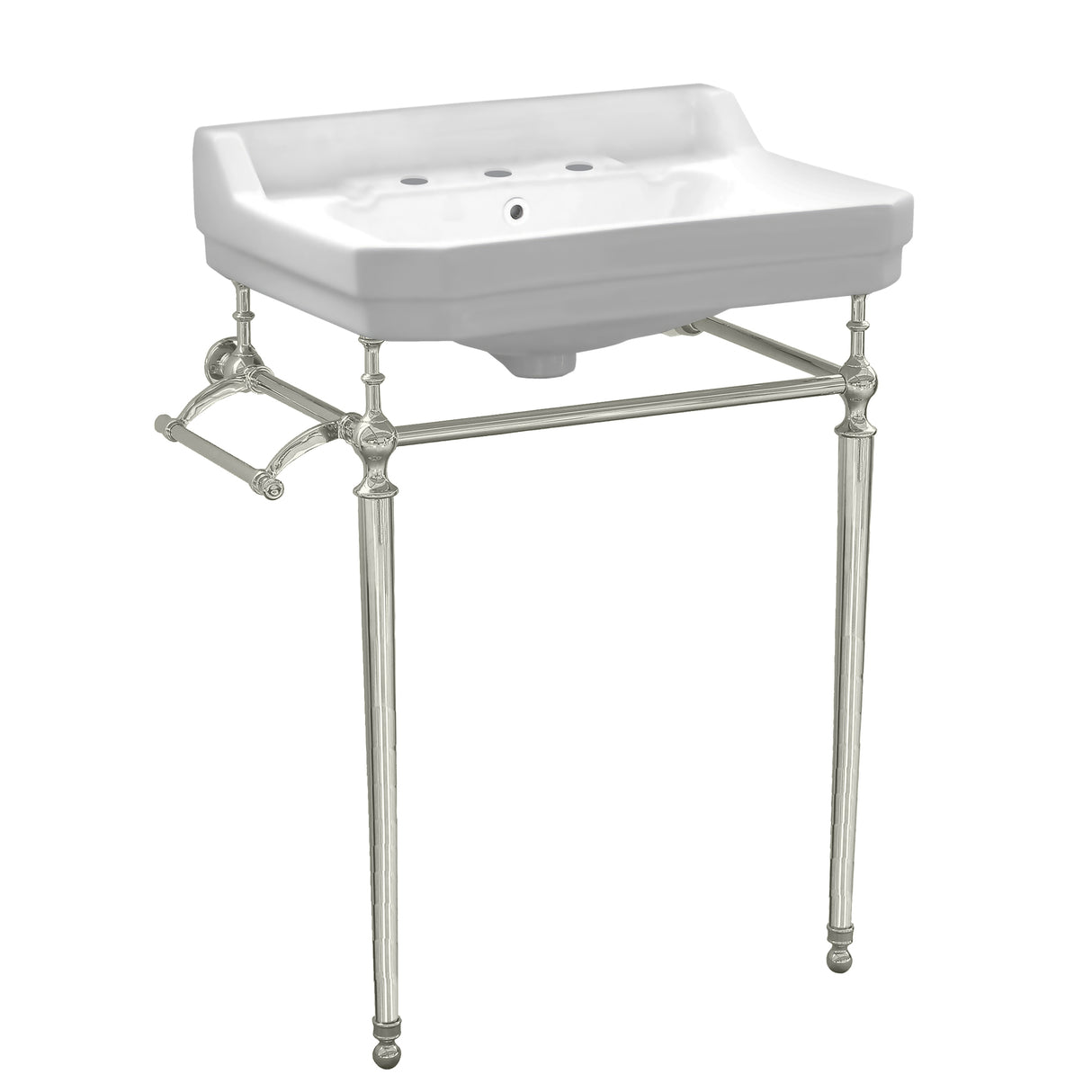 Victoriahaus console with integrated rectangular bowl with widespread hole drill, Polished Nickel leg support, interchangable towel bar, backsplash and overflow