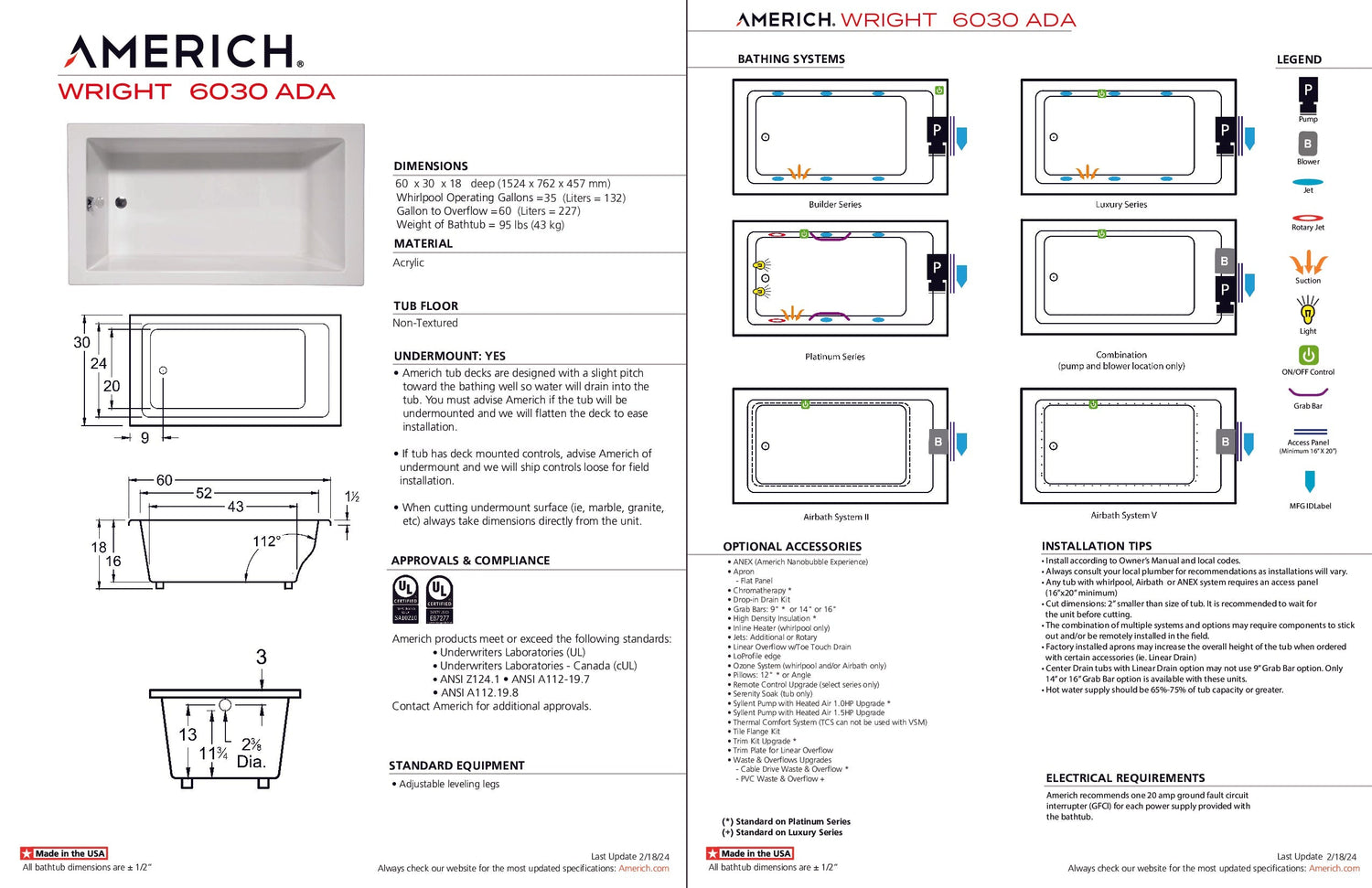 Americh WR6030ADATA5-BI Wright 6030 ADA - Tub Only / Airbath 5 - Biscuit