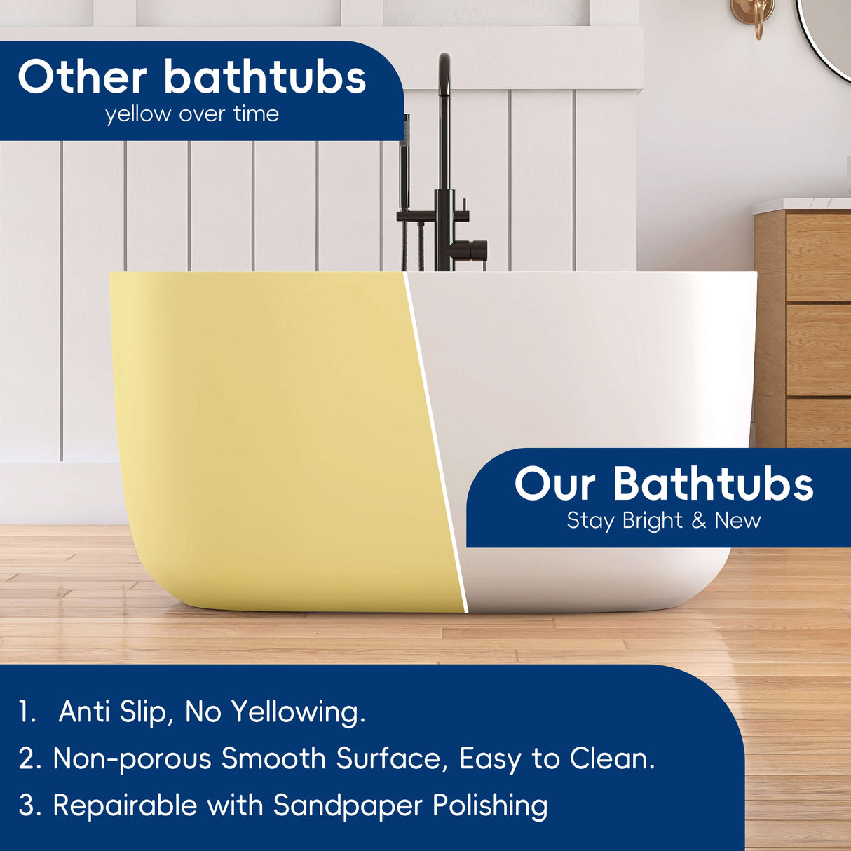 New England Home Goods Lanikai 47" Freestanding Tub in White - Stone Resin Solid Surface