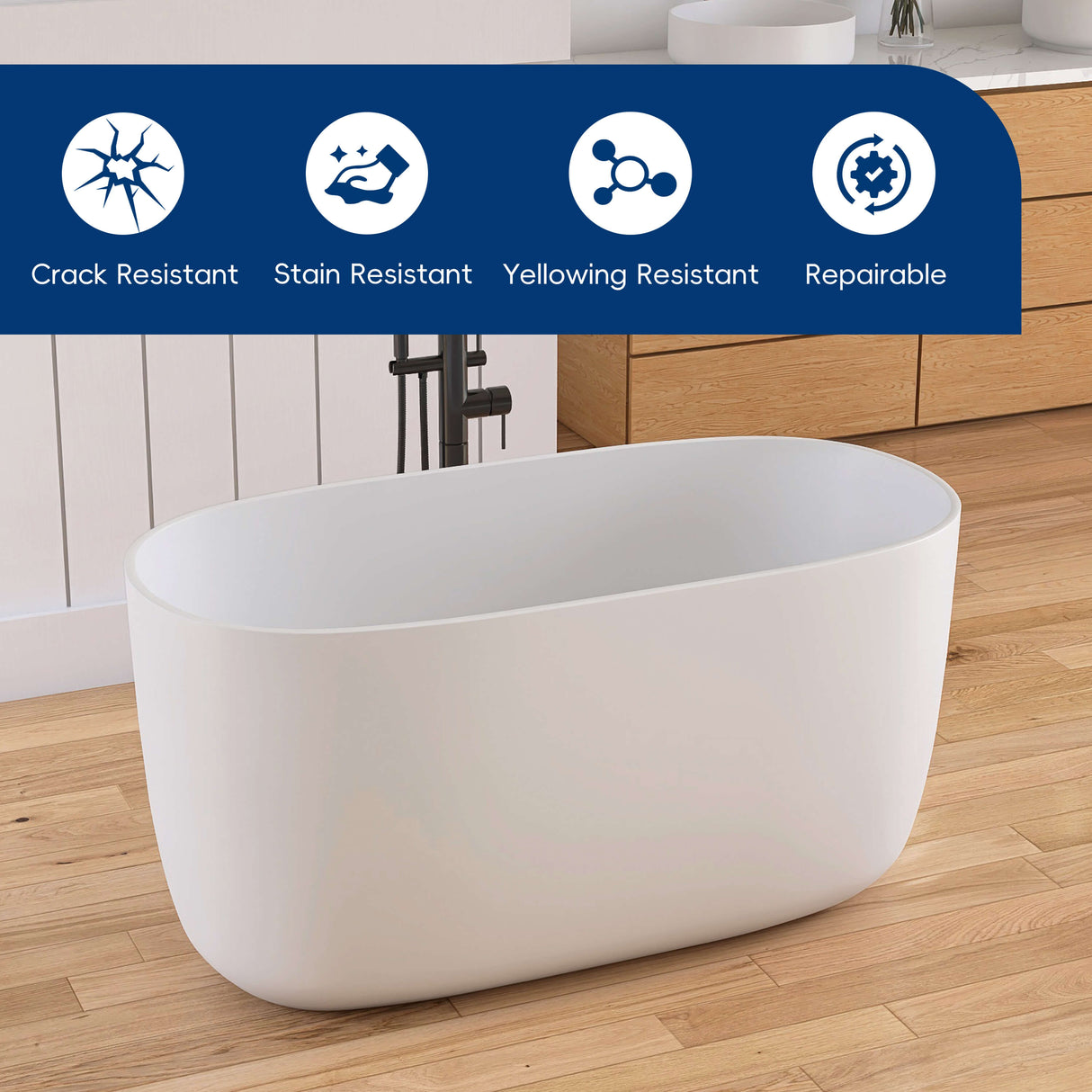 New England Home Goods Lanikai 47" Freestanding Tub in White - Stone Resin Solid Surface