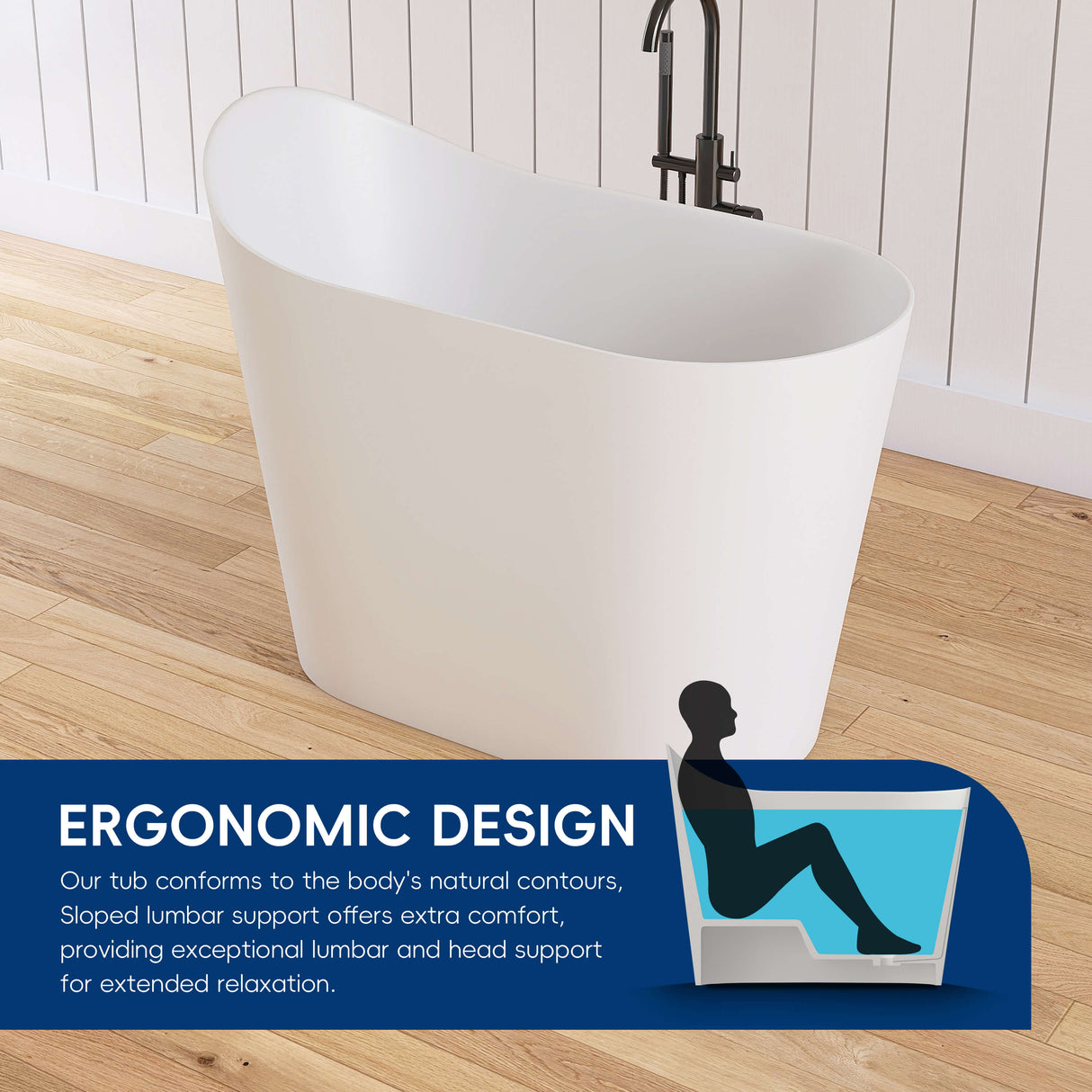 New England Home Goods Kosciuszko 43" Freestanding Tub in White - Stone Resin Solid Surface