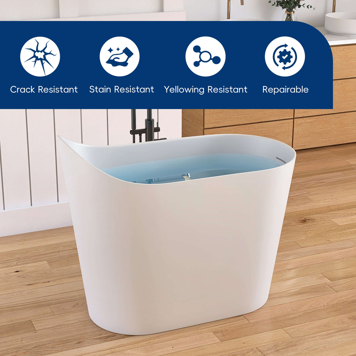 New England Home Goods Kosciuszko 43" Freestanding Tub in White - Stone Resin Solid Surface