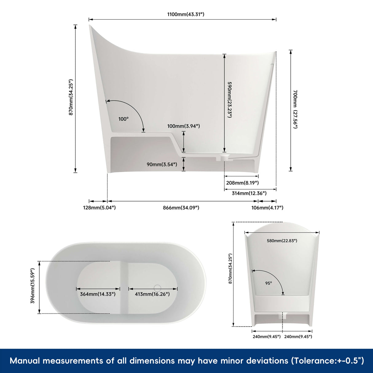 New England Home Goods Kosciuszko 43" Freestanding Tub in White - Stone Resin Solid Surface