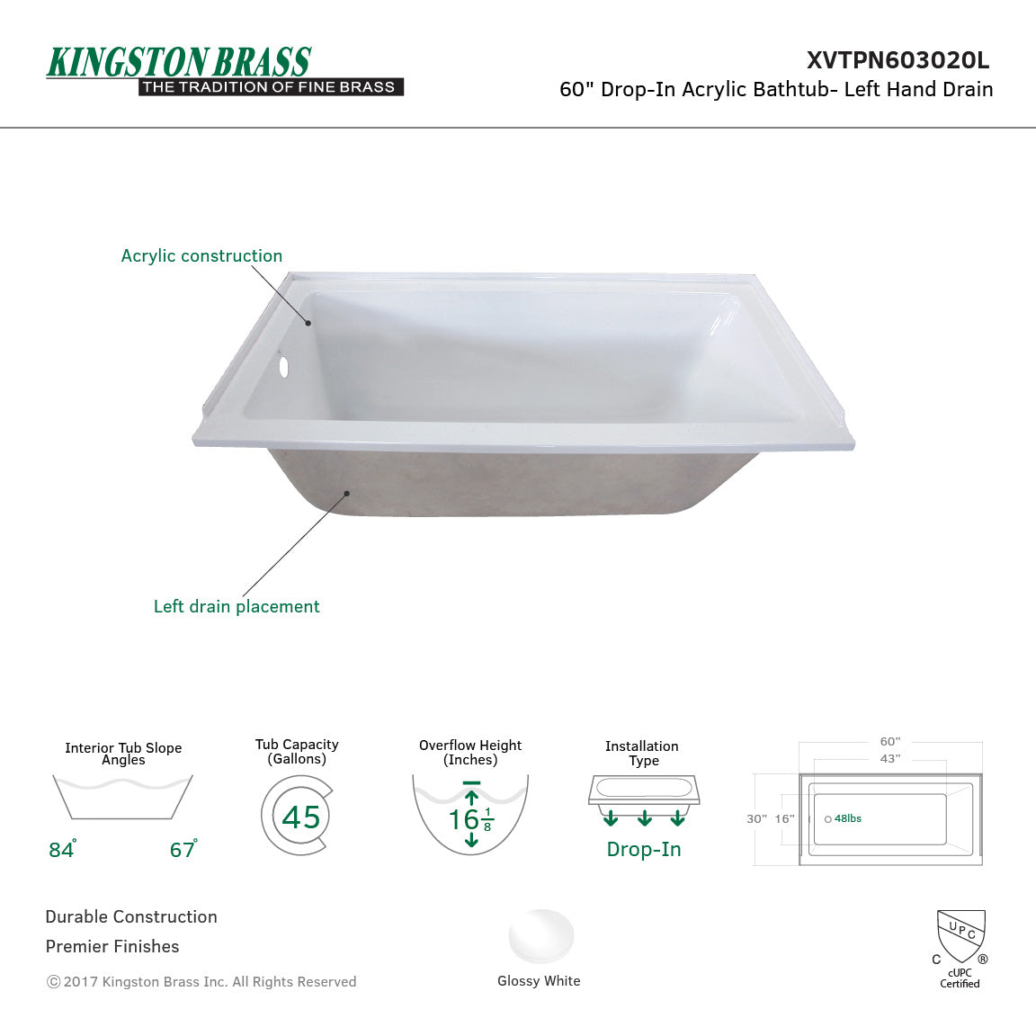 Aqua Eden XVTPN603020L 60-Inch Acrylic Rectangular Drop-In Tub with Left Hand Drain, White