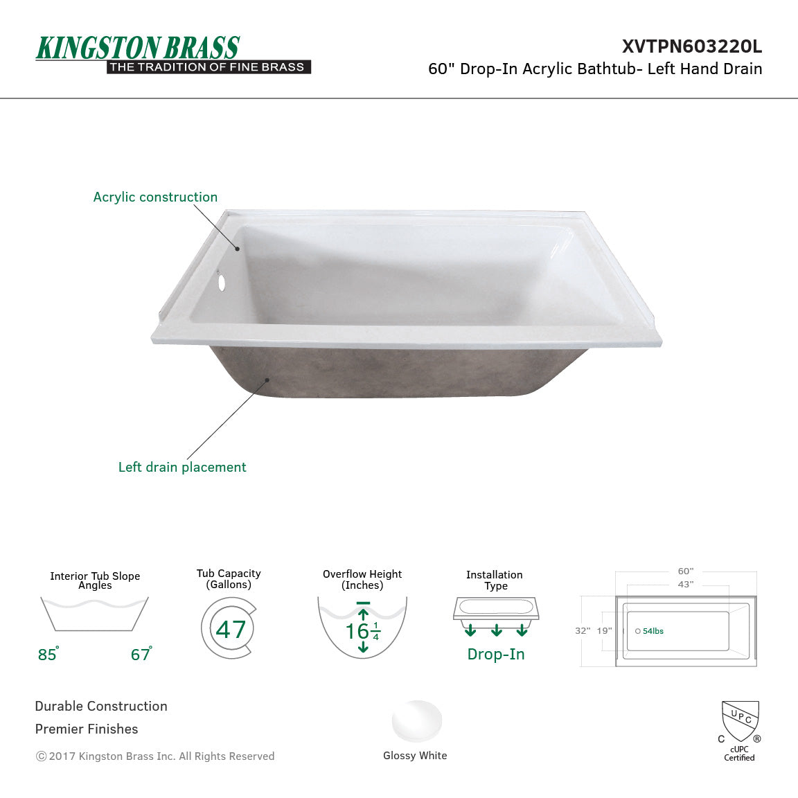 Aqua Eden XVTPN603220L 60-Inch Acrylic Rectangular Drop-In Tub with Left Hand Drain, White