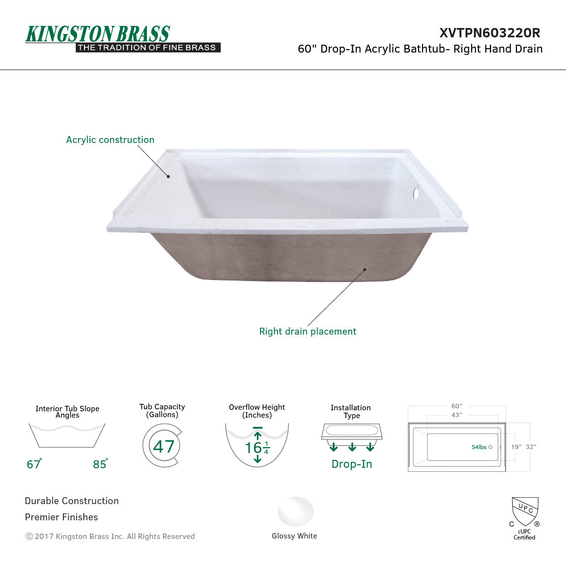 Aqua Eden XVTPN603220R 60-Inch Acrylic Rectangular Drop-In Tub with Right Hand Drain, White