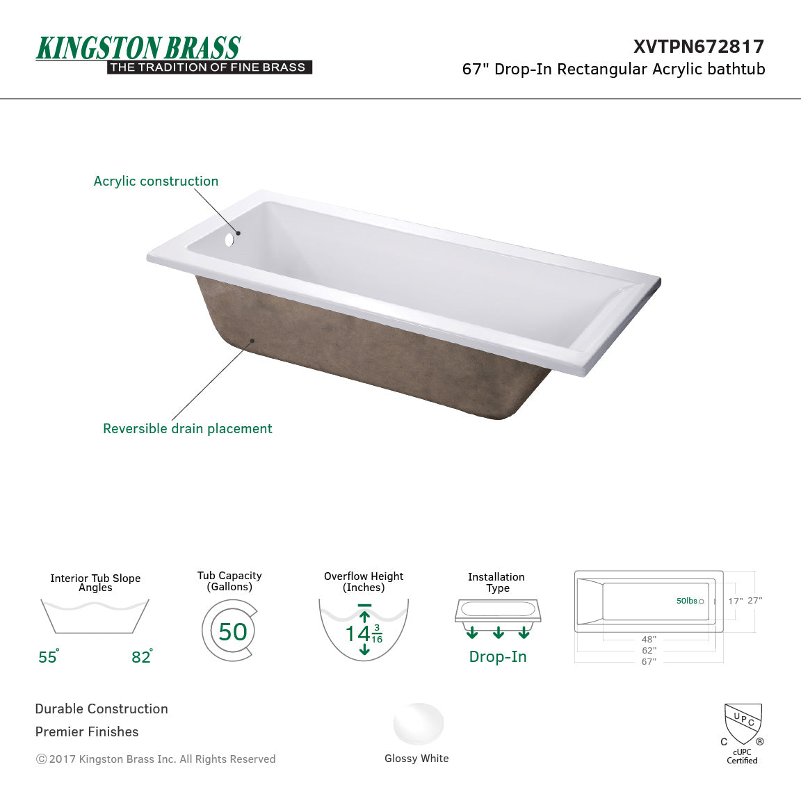 Aqua Eden XVTPN672817 67-Inch Acrylic Rectangular Drop-In Tub with Reversible Drain Hole, White