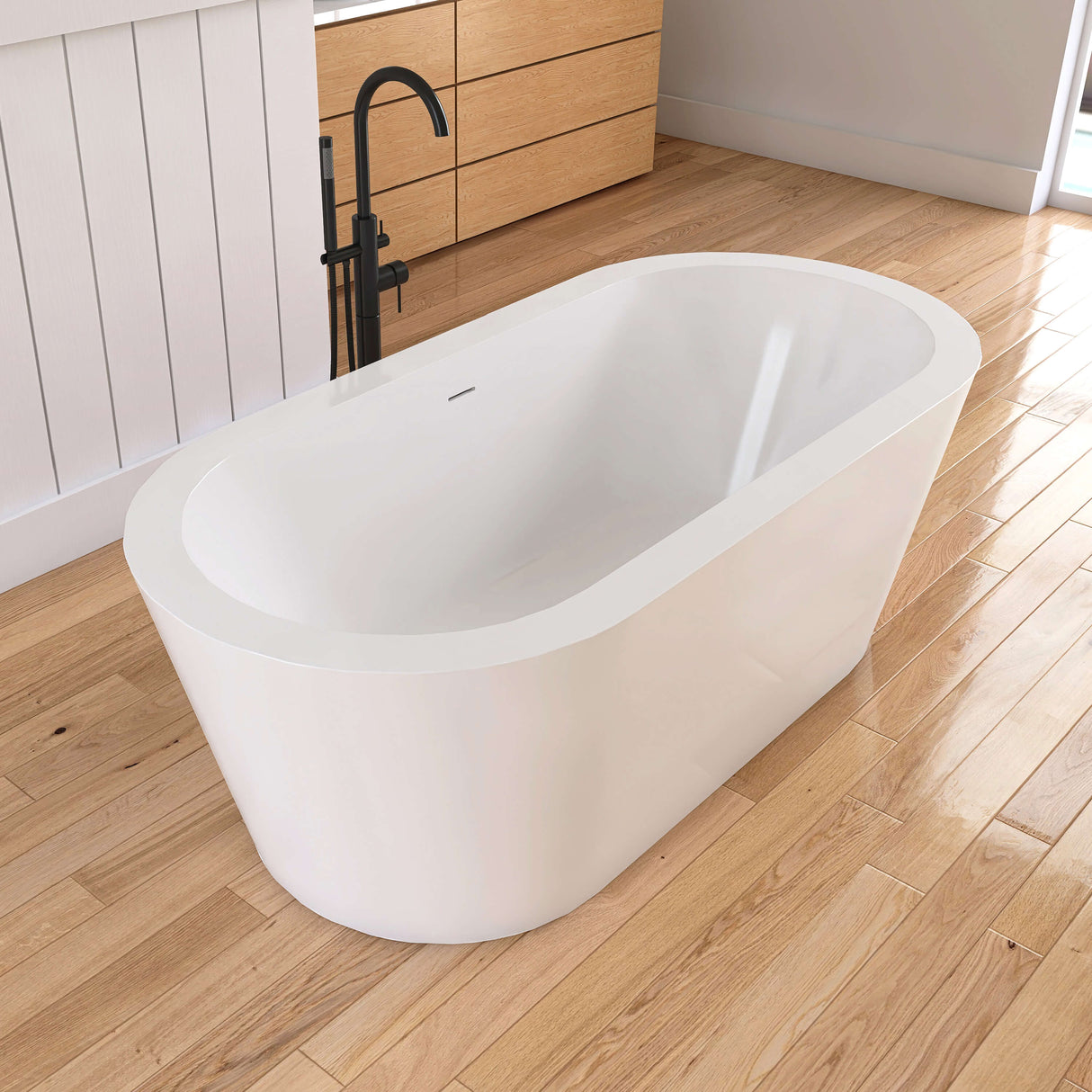 New England Home Goods Kirkjufell 67" Freestanding Tub in White - Stone Resin Solid Surface