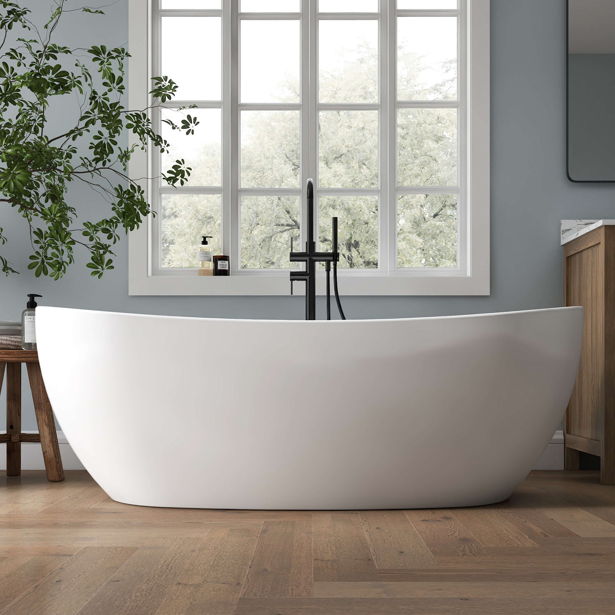 New England Home Goods Camps 65" Freestanding Tub in White - Stone Resin Solid Surface