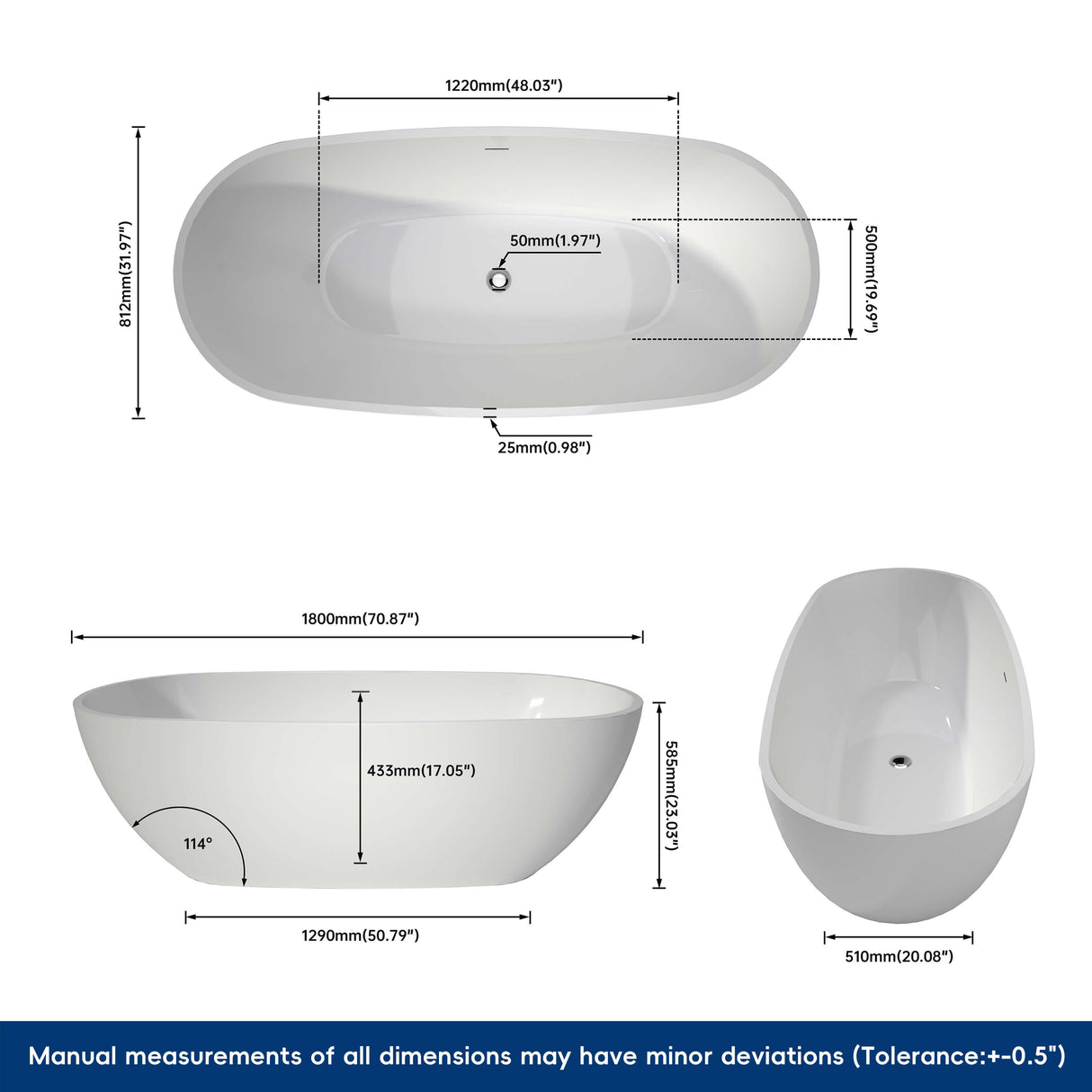 New England Home Goods Ararat 71" Freestanding Tub in White - Stone Resin Solid Surface