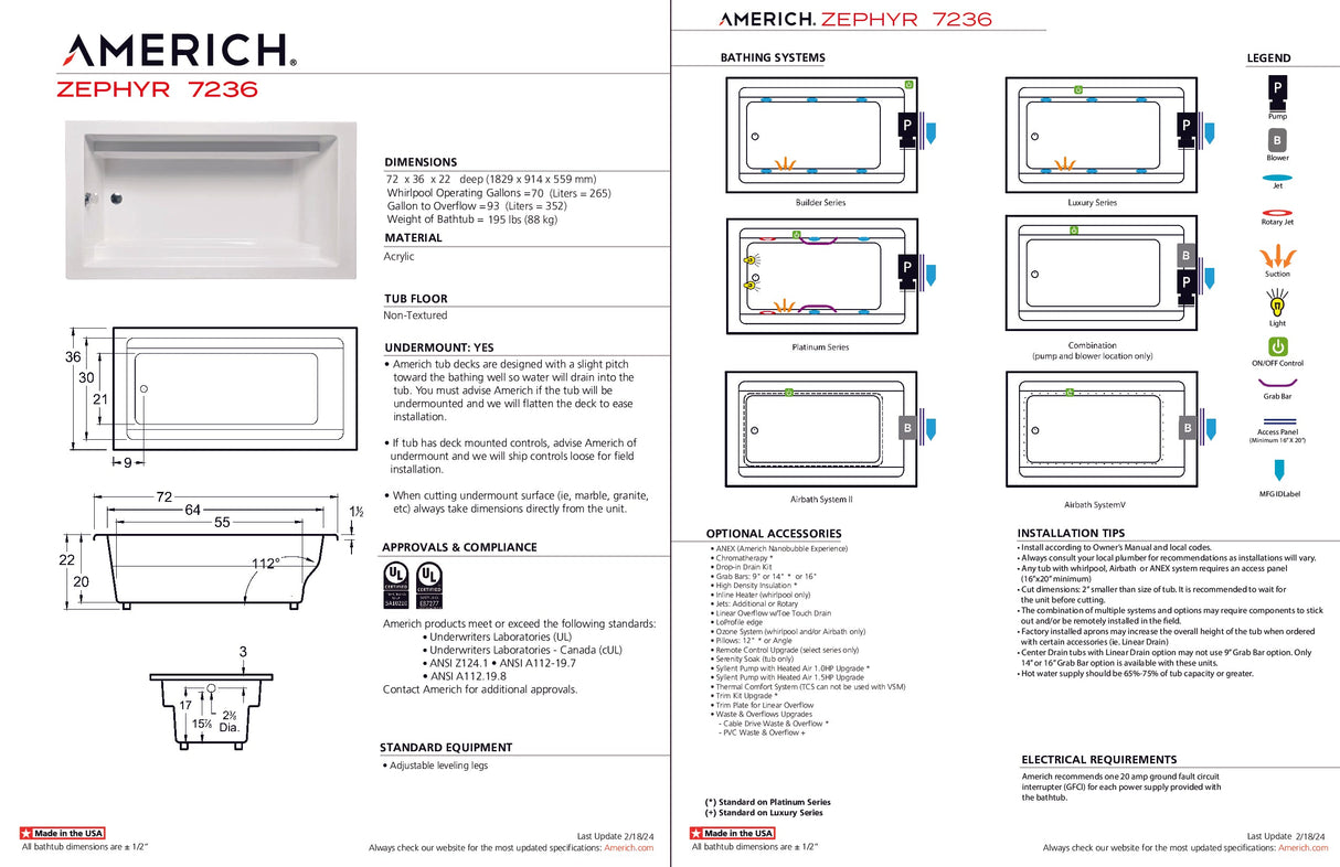 Americh ZP7236TA5-BI Zephyr 7236 - Tub Only / Airbath 5 - Biscuit