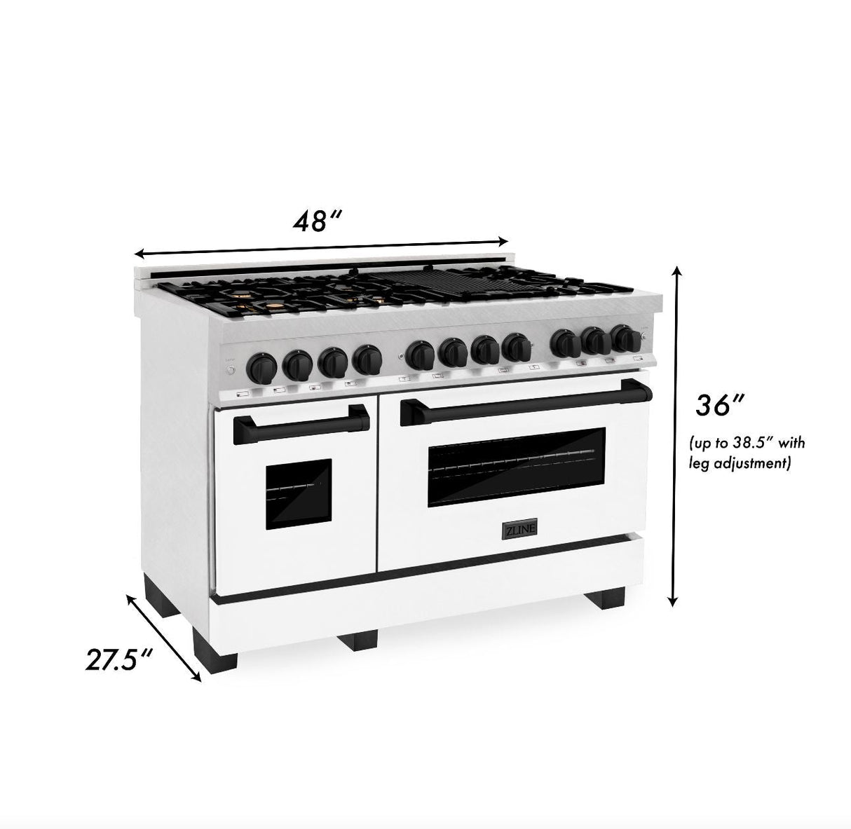 ZLINE Autograph Edition 48 in. 6.0 cu. ft. Legacy Dual Fuel Range with 7 Burner Gas Cooktop and 2 Electric Ovens in DuraSnow® Stainless Steel with White Matte Doors and Matte Black Accents (RASZ-WM-48-MB)