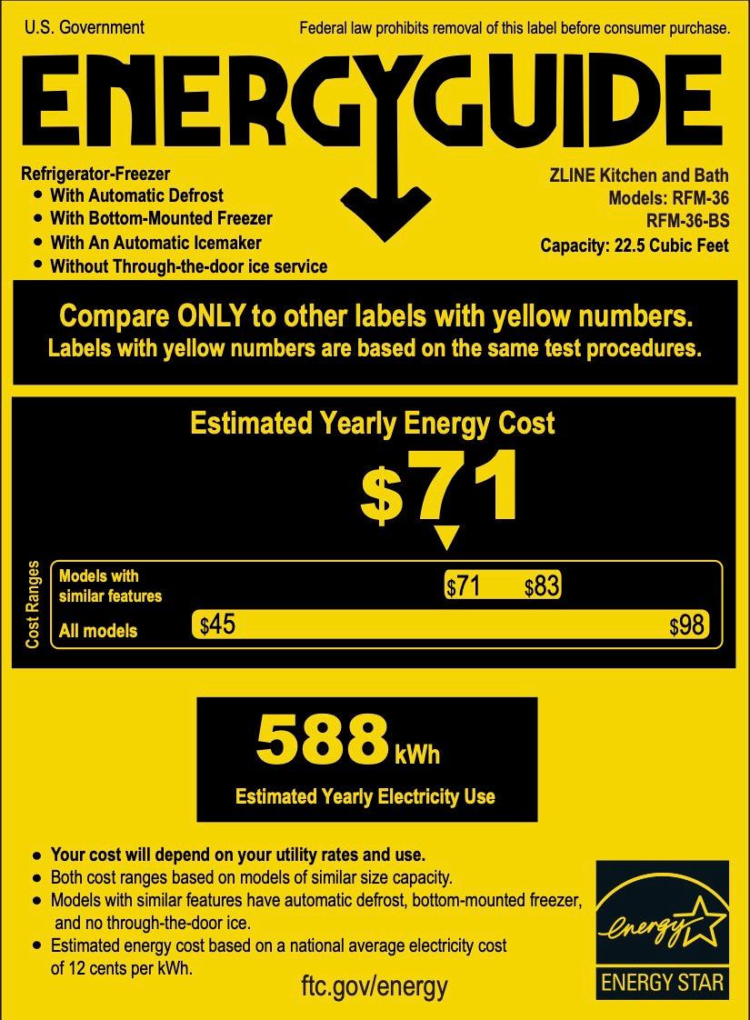 ZLINE 36 in. 22.5 cu. ft. Counter-Depth French Door Refrigerator with Ice Maker in Fingerprint-Resistant Stainless Steel (RFM-36)
