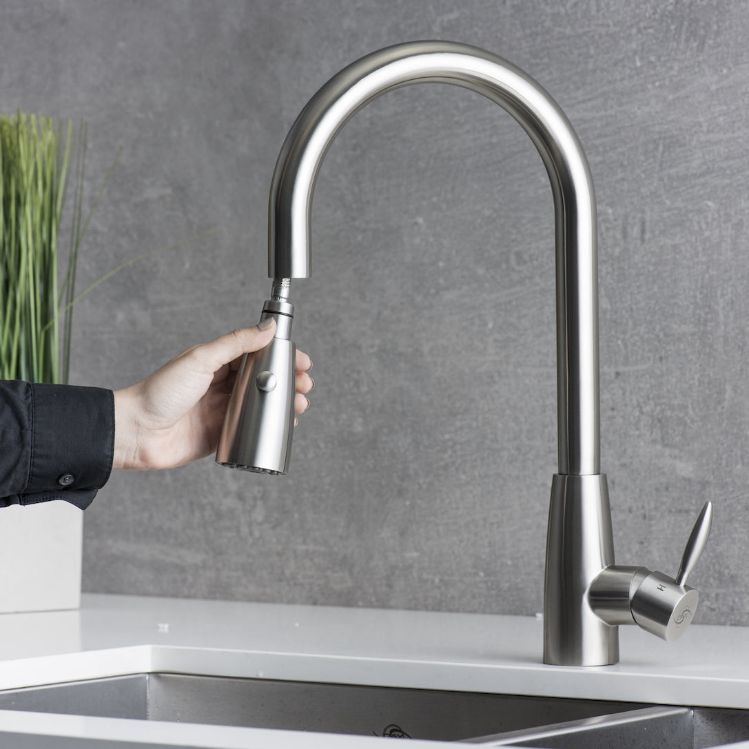DAX Stainless Steel Single Handle Pull Down Kitchen Faucet with Dual Sprayer, Brushed Stainless Steel DAX-002-02B
