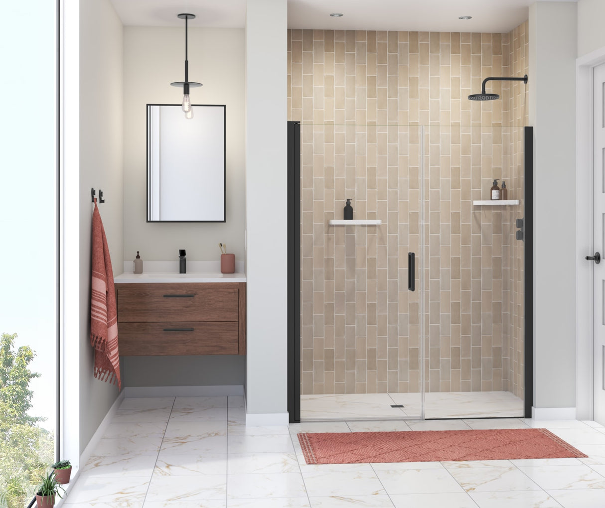 MAAX 138275-900-340-100 Manhattan 53-55 x 68 in. 6 mm Pivot Shower Door for Alcove Installation with Clear glass & Round Handle in Matte Black