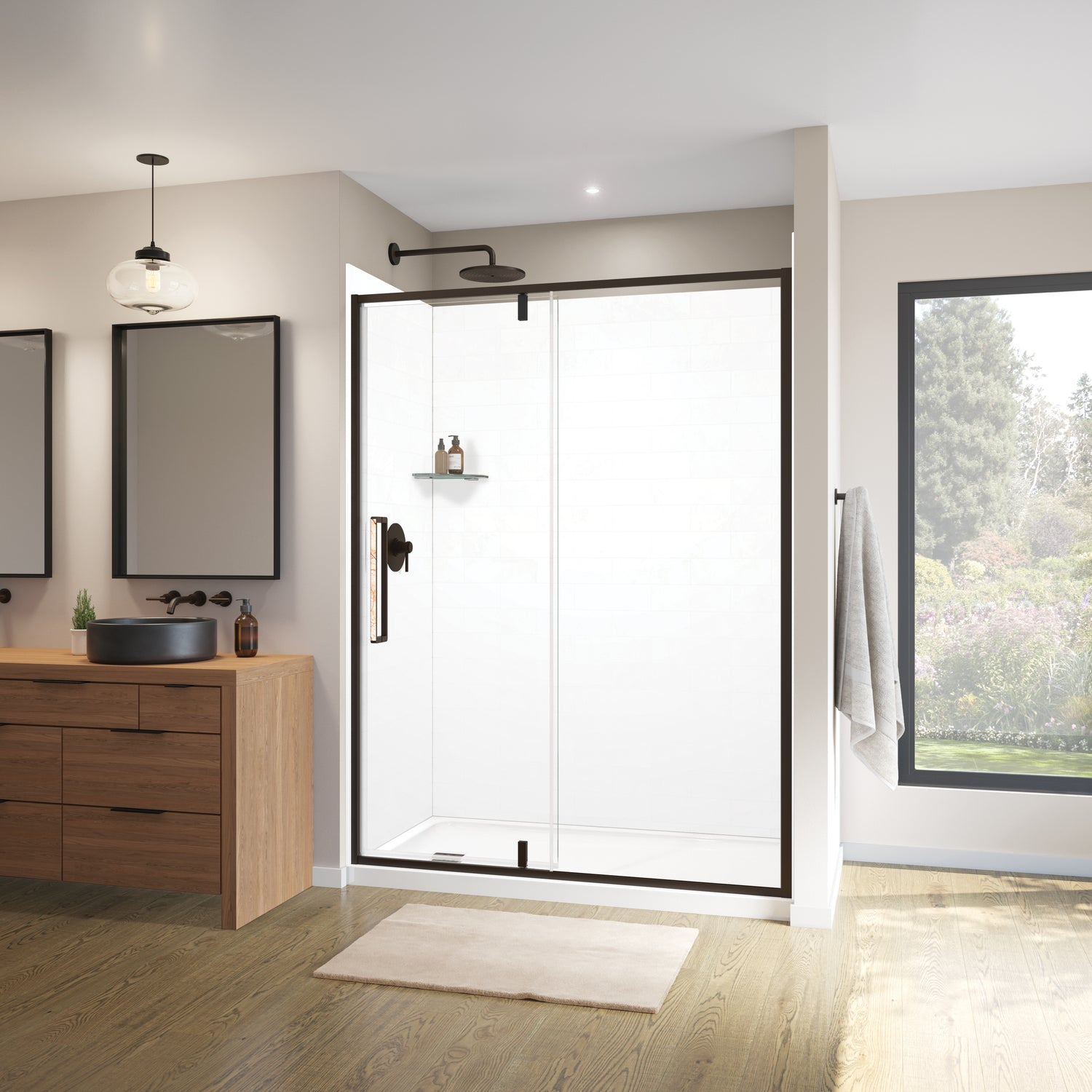 MAAX 135326-900-283-000 Uptown 57-59 x 76 in. 8 mm Pivot Shower Door for Alcove Installation with Clear glass in Dark Bronze & Beige Marble