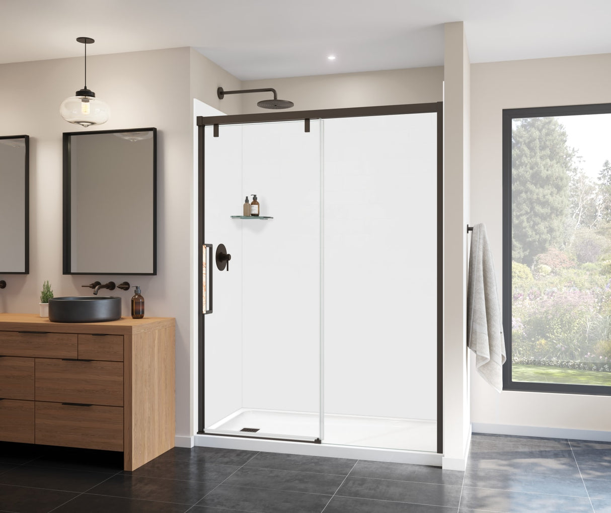 MAAX 135324-900-283-000 Uptown 56-59 x 76 in. 8 mm Sliding Shower Door for Alcove Installation with Clear glass in Dark Bronze & Beige Marble