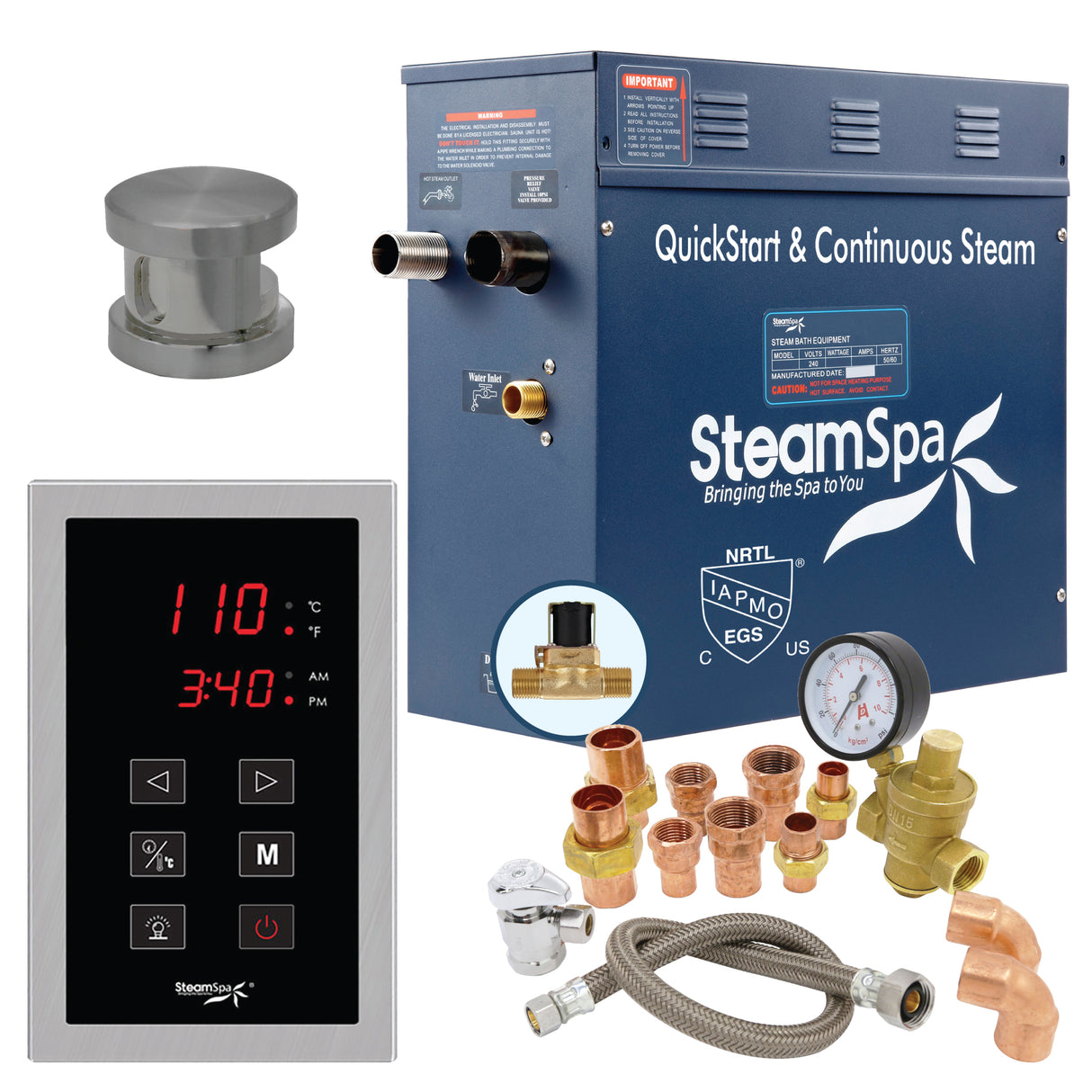 SteamSpa Premium 7.5 KW QuickStart Acu-Steam Bath Generator Package with Built-in Auto Drain in Brushed Nickel PRT750BN-A