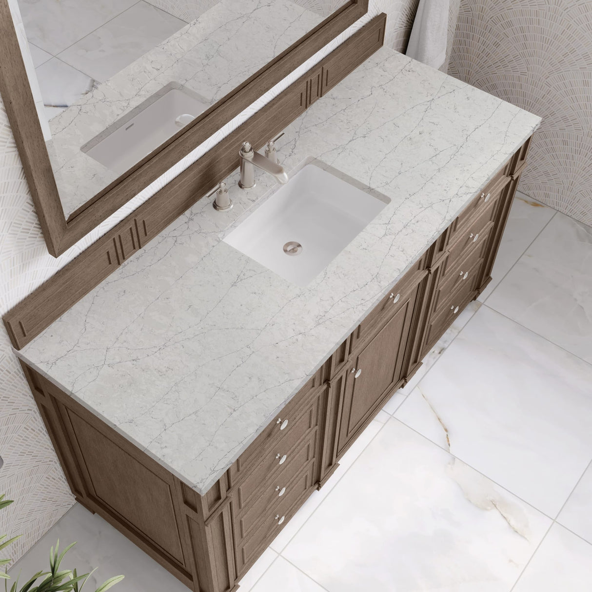 Bristol 60" Single Vanity, Whitewashed Walnut w/ 3 CM Eternal Jasmine Pearl Silestone Top