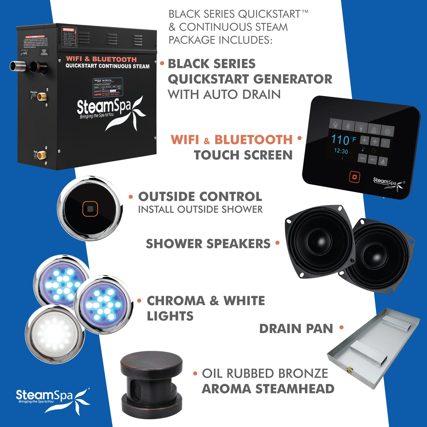 Steam Shower Generator Kit System | Oil Rubbed Bronze + Self Drain Combo| Enclosure Steamer Sauna Spa Stall Package|Touch Screen Wifi App/Bluetooth Control Panel |7.5 kW Raven | FG-RVB750ORB-A FG-RVB750ORB-A