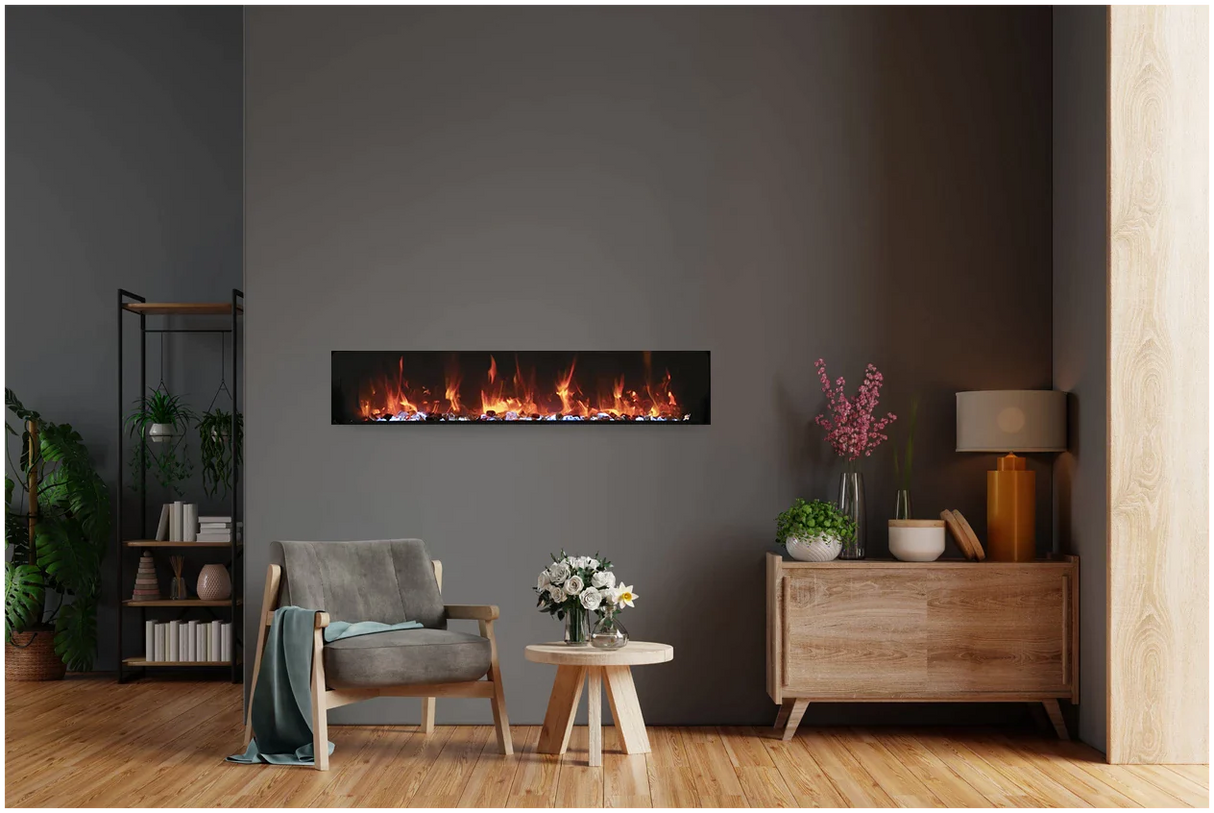 Amantii BI-60-XTRASLIM Panorama Xtraslim Full View Smart Electric  - 60" Indoor /Outdoor WiFi Enabled  Fireplace, featuring a MultiFunction Remote, Multi Speed Flame Motor, Glass Media & a Black Trim
