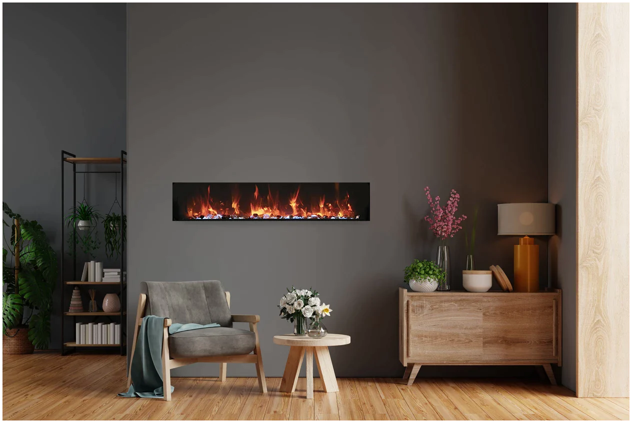 Amantii BI-60-XTRASLIM Panorama Xtraslim Full View Smart Electric  - 60" Indoor /Outdoor WiFi Enabled  Fireplace, featuring a MultiFunction Remote, Multi Speed Flame Motor, Glass Media & a Black Trim